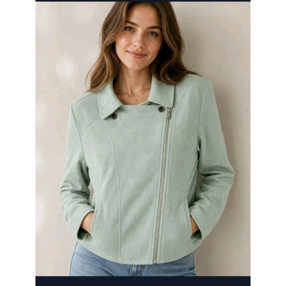 H By Halston Jacket Size 12 Zip Green Pockets Cotton Blend